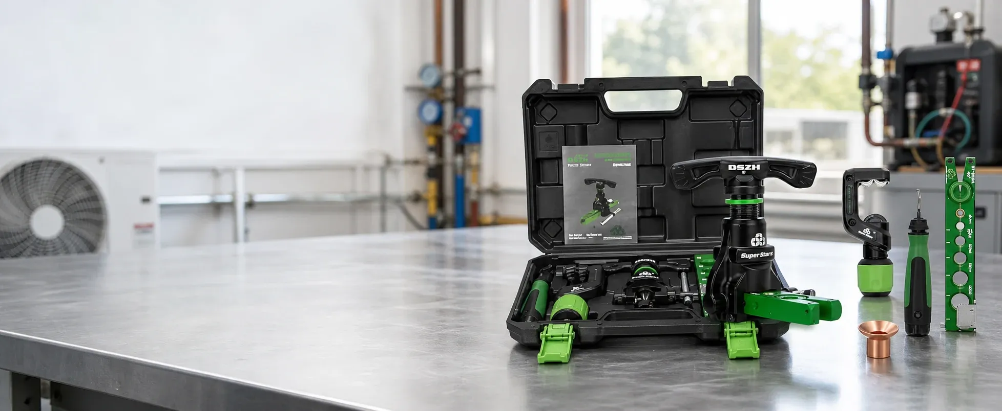 Open black carry case with green and black refrigeration flaring tool kit, accessories and copper tube flaring components arranged on a stainless workshop bench in an air conditioning service area.